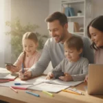 En leende familj som sitter tillsammans och skriver en hushållsbudget.